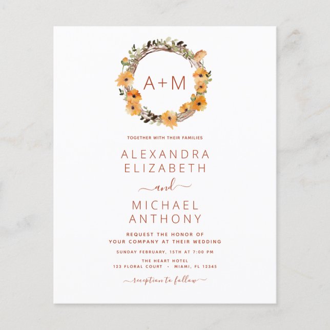 Haushaltsmonogramm Burnt Orange Floral Wedding Flyer (Vorne)