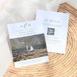Haushaltsmonogramm in einem QR-Code-Foto Hochzeit<br><div class="desc">Monogram Initials All in One QR Code Foto Hochzeitseinladungen, eine perfekte Mischung aus Eleganz und Einfachheit. Die Vorderseite dieser Budgetkarte zeigt ein benutzerdefiniertes Foto für die Verlobung. Oben auf der Karte befinden sich die Monogramm-Initialen des Paares, die wunderschön mit einem eleganten Schriftzeichen-Ampersand verwoben sind. Eine zarte schwarze Typografie zeigt ihre...</div>