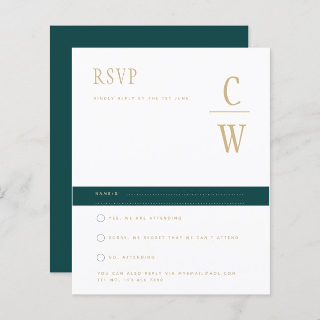 HAUSHALTSPfau AQUAMARIN grünes Gold Hochzeit RSVP (Vorne/Hinten)