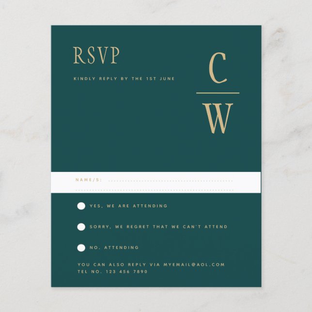 HAUSHALTSPfau AQUAMARIN grünes Gold Hochzeit RSVP Flyer (Vorne)