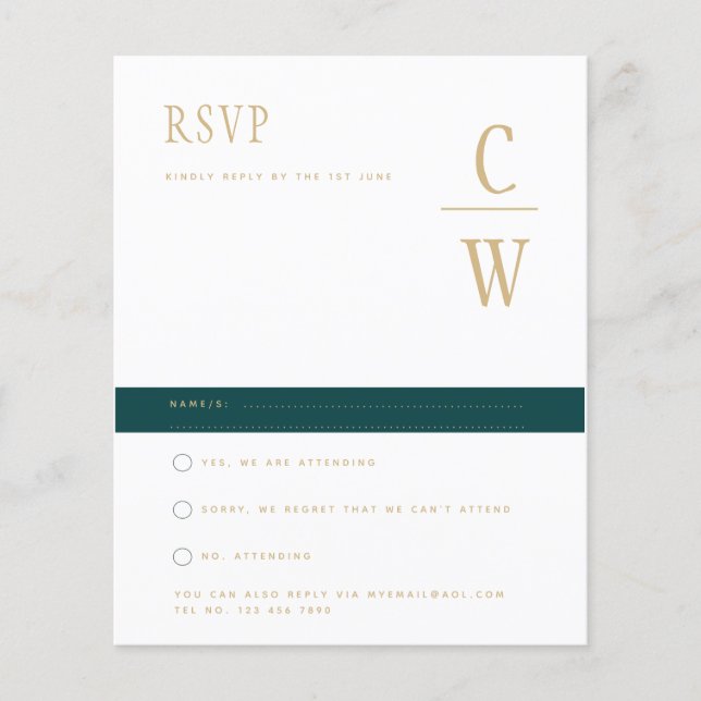 HAUSHALTSPfau AQUAMARIN grünes Gold Hochzeit RSVP Flyer (Vorne)