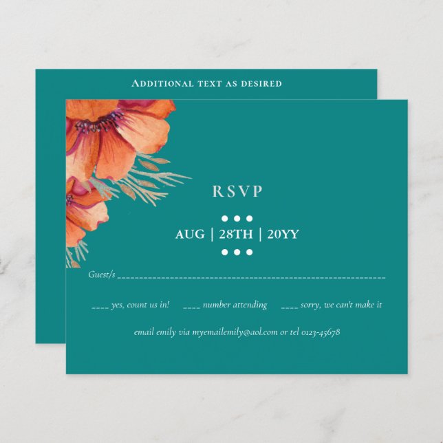 HAUSHALTSPLAN Aquamarin Orange Floral Wedding RSVP (Vorne/Hinten)