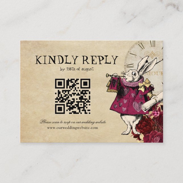 HAUSHALTSQR-Code Burgundy Alice Wonderland Wedding Begleitkarte (Vorderseite)