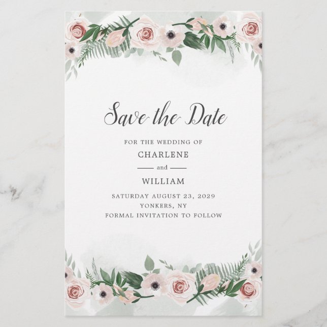 Haushaltsrosa Blütenfarbe Save the Date Briefpapier (Vorderseite)