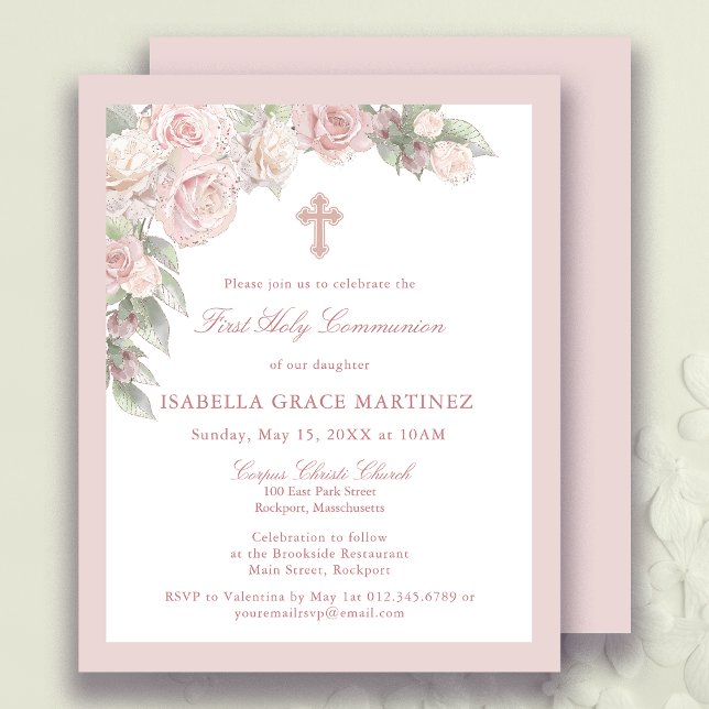 Haushaltsrosa Rose Floral Erste Kommune Einladung (Von Creator hochgeladen)