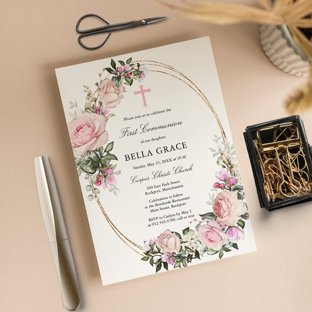 Haushaltsrosa Rose Floral Erste Kommune Einladung (Von Creator hochgeladen)