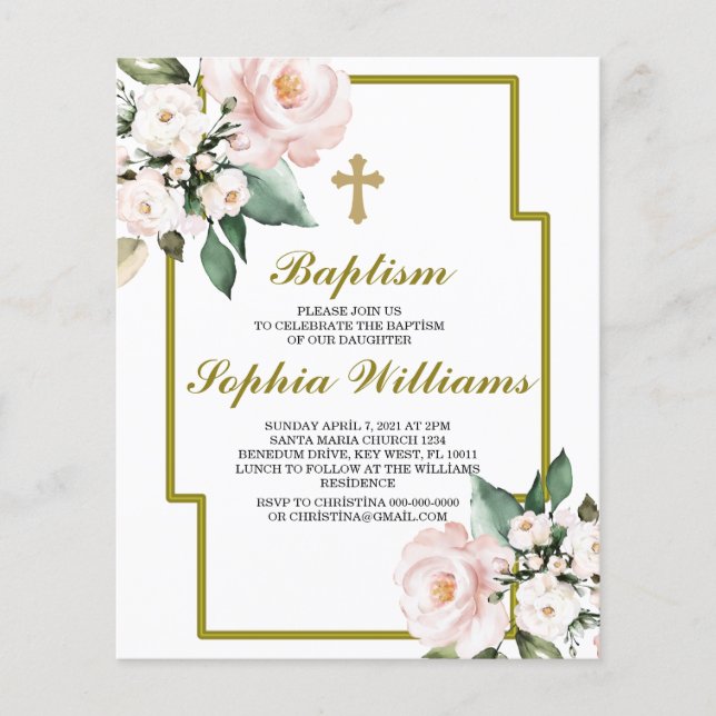 Haushaltsrosa und weiße Taufe İnvitation (Vorderseite)