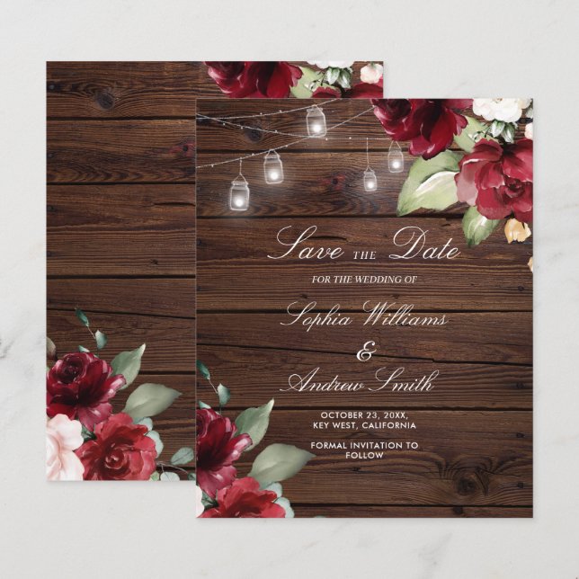 HAUSHALTSRote Rose Rustikales Holz Save the Date (Vorne/Hinten)