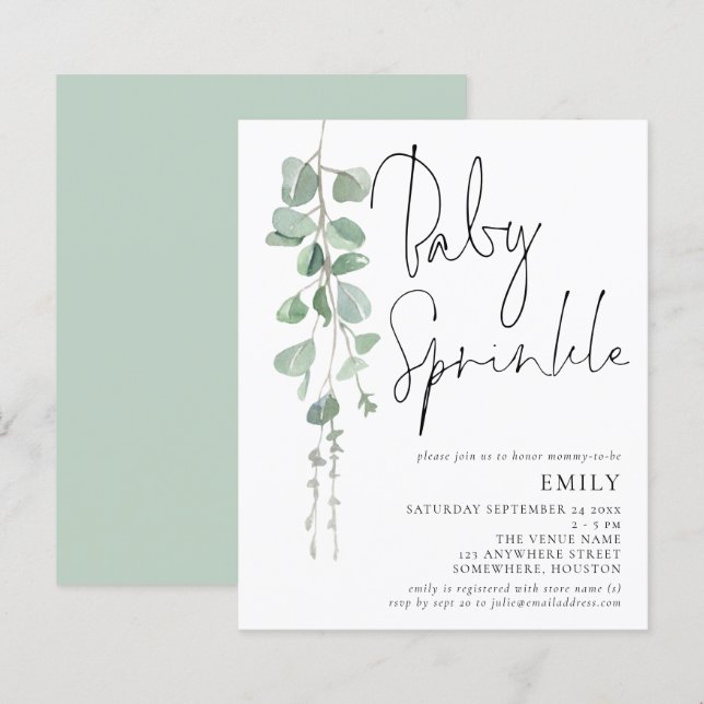 Haushaltsschrift Eucalyptus Baby Sprinkle Einladun (Vorne/Hinten)