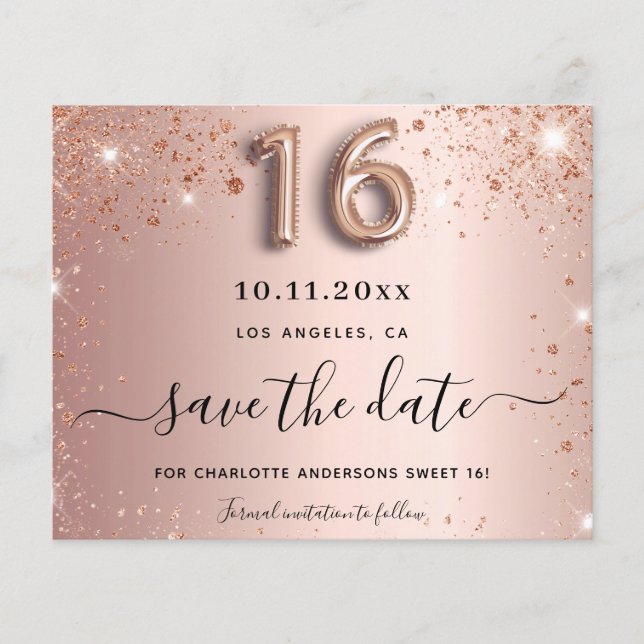 Haushaltssüße 16 Rose Gold Glitzer Save the Date (Vorderseite)