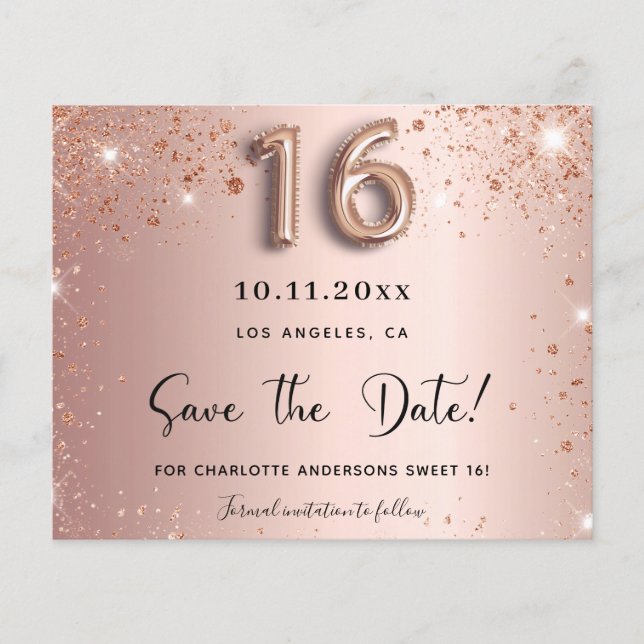Haushaltssüße 16 Rose Gold Glitzer Save the Date (Vorderseite)