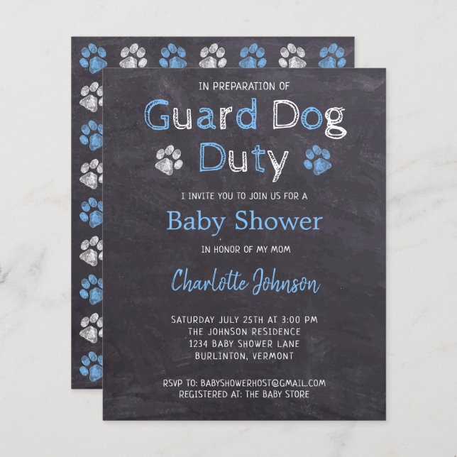Haushaltswächter Hund Pflicht Blue Boy Baby Dusche (Vorne/Hinten)