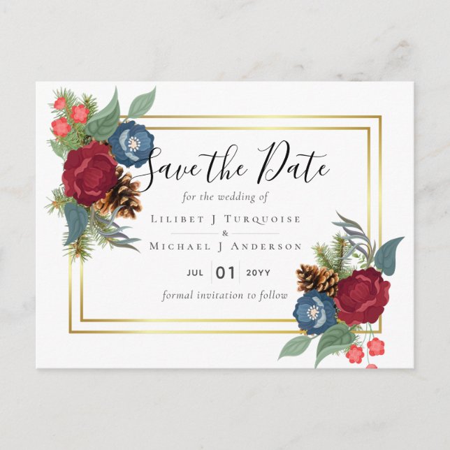 HAUSHALTSWinter Hochzeit Burgund Aquamarin Blue Mo Postkarte (Vorderseite)