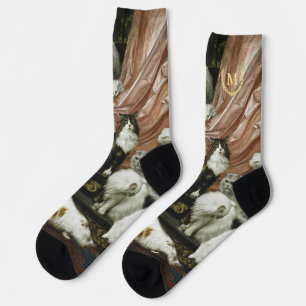 Hauskatzen Kätzchen Vintage Tierkunst Monogramm Socken