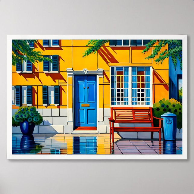 Hausmalerei Blick blaue Tür dekorative Topf Pflanz Poster (house painting view blue door decorative pot plant)