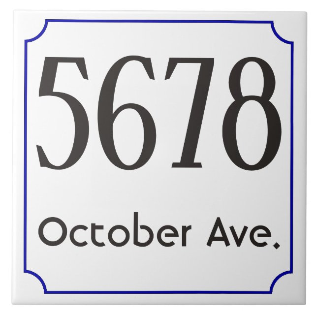Hausnummer mit Straße - blauer Rahmen Fliese (Vorderseite)