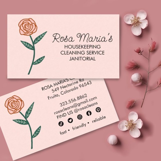Hausreinigung Gold Rose Logo Soziale Symbole Visitenkarte (Cute custom rose illustrated business cards with social media icons. Edit to add your own text.)
