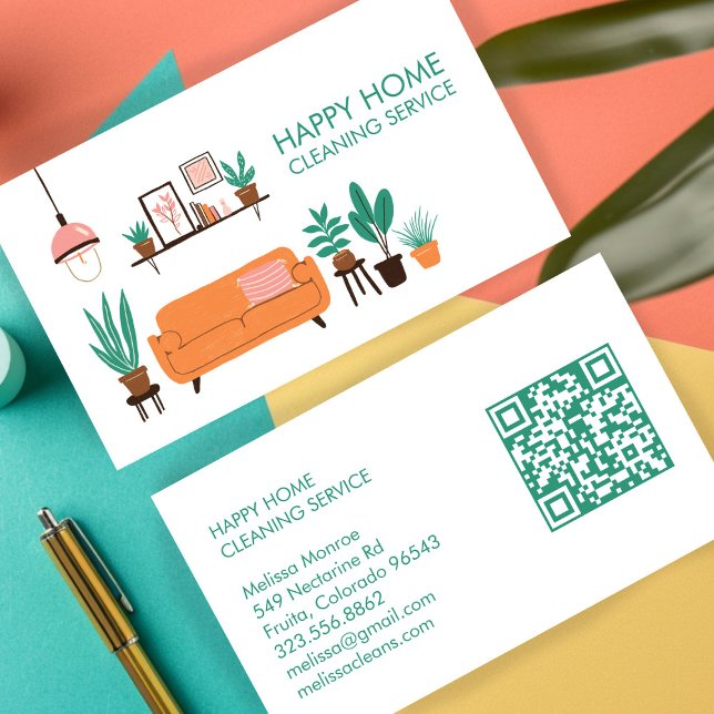 Hausreinigung Niedliches Wohnzimmer Art QR Code Visitenkarte (House Cleaning Cleaner Maid Cute Livingroom Art Custom QR Code Business Card
)