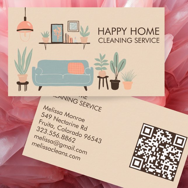 Hausreinigung Niedliches Wohnzimmer Art QR Code Visitenkarte (House Cleaning Cute Livingroom Art Custom QR Code Business Card
)