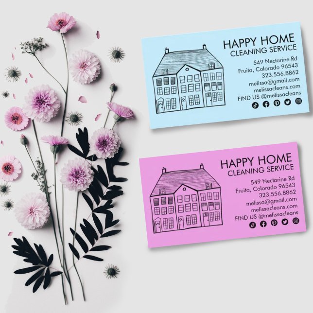 Hausreinigung Zuhause Services Charming Janitorial Visitenkarte (Cute house drawing on customizable business card with social media icons. Change background color)