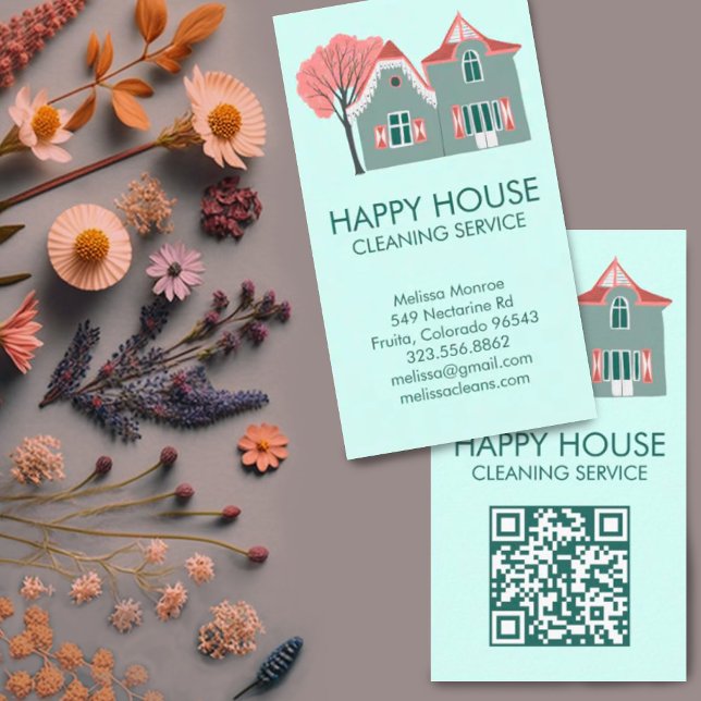 Hausreinigung Zuhause Services Charming QR Code Visitenkarte (House Cleaning Home Services Charming QR Code Business Card, add your own text and link to customize)