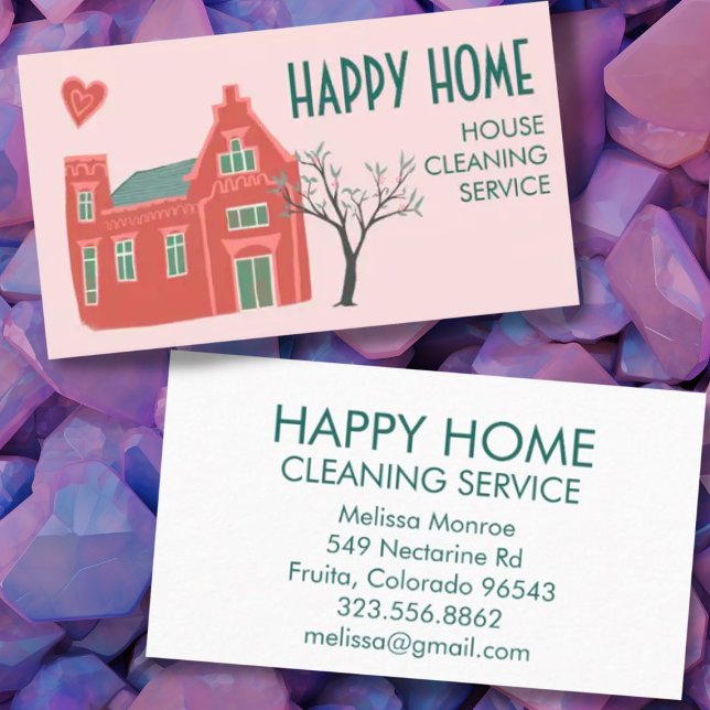Hausreinigung Zuhause-Services Charming Rosa Grün Visitenkarte (Cute house double-sided custom cleaning service business card design)