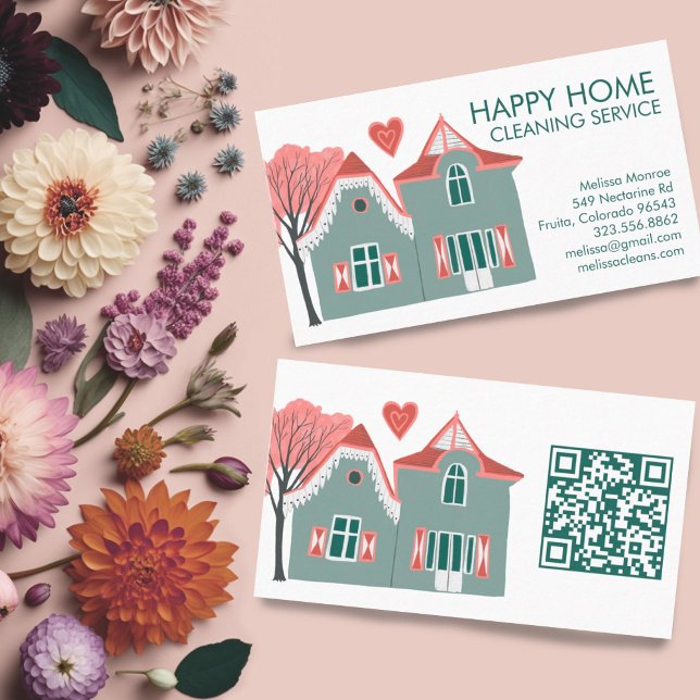 Hausreinigung Zuhause Services Rosa grüner QR-Code Visitenkarte (Cute house illustration cleaning services business card with custom QR code)