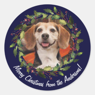 Haustier-Foto Familienname Frohe Weihnachten Kranz Runder Aufkleber
