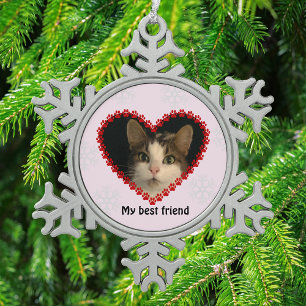 Haustier-Fotoname pawprints Herzrosa Schneeflocken Zinn-Ornament