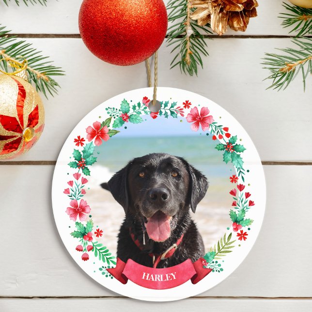 Haustier Hund 2 Foto Weihnachtskranz Keramik Ornament (Pet Dog Two Photo Christmas Wreath Ceramic Ornament)