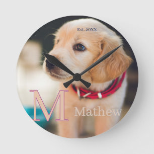 Haustier-Hund-Foto-est-Jahr-Name-Monogramm-Katze-E Runde Wanduhr