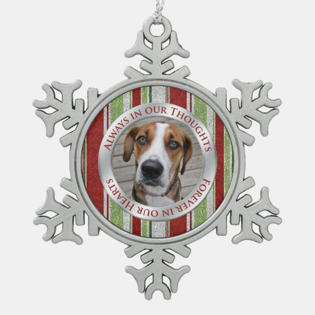 Haustier Hund Memorial Foto Weihnachts Candy Cane  Schneeflocken Zinn-Ornament (Vorderseite)