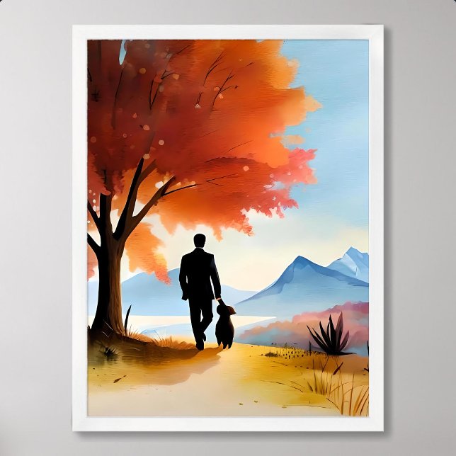Haustier-Hund wandern blauer Bergbaum Poster (pet painting man dog walking blue mountain tree)