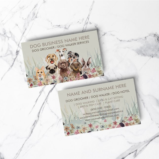 Haustier Sitter Walker Hund Petcare Grüngras Blüte Visitenkarte (Pet Sitter Walker dog petcare green grass floral Business Card)