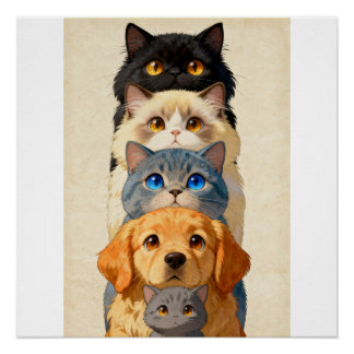 Haustier-Totem-Stack Whimsical Cats und Golden Ret Poster