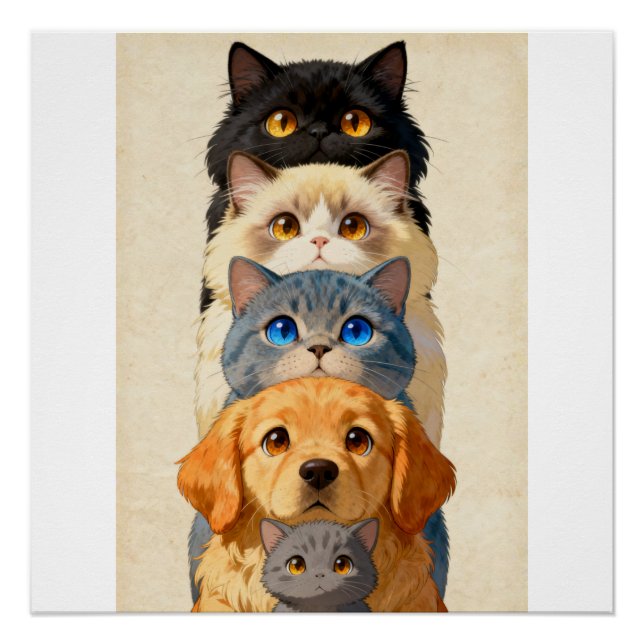 Haustier-Totem-Stack Whimsical Cats und Golden Ret Poster (Vorderseite)