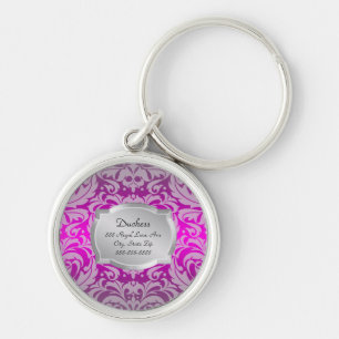 Haustier-Umbau Herzogin-Pink Damask Silver Plaque Schlüsselanhänger