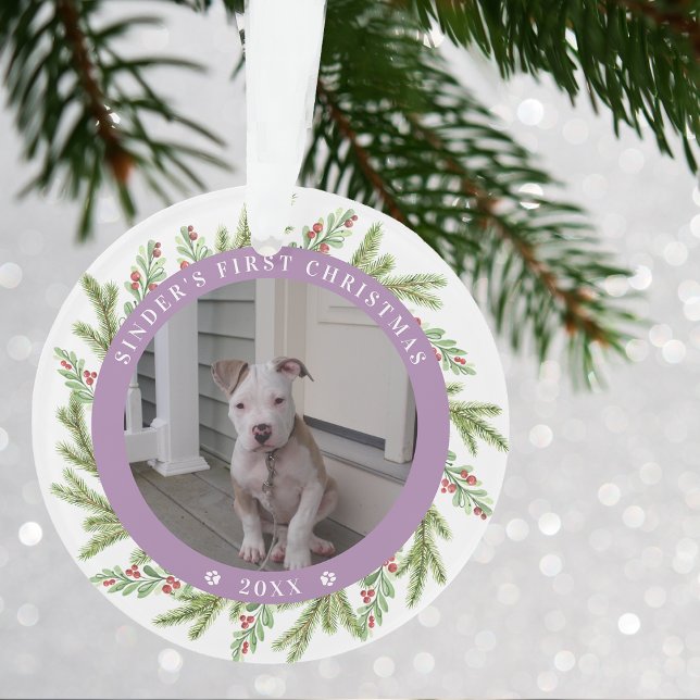 Haustier Welpen Hund Erster Weihnachten 2 Fotos Gr Ornament (Pet Puppy Dog First Christmas 2 Photos Greenery Ornament)