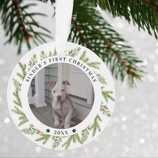 Haustier Welpen Hund Erster Weihnachten 2 Fotos Gr Ornament (Pet Puppy Dog First Christmas 2 Photos Greenery Ornament)