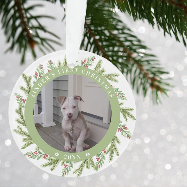Haustier Welpen Hund Erster Weihnachten 2 Fotos Gr Ornament (Pet Puppy Dog First Christmas 2 Photos Greenery Ornament)