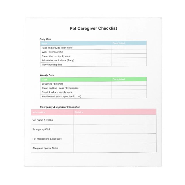 Haustierbetreuer-Checkliste Notizblock (Vorderseite)