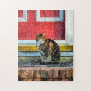 Haustiere - Getigert Katze von roter Tür Puzzle