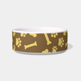 Haustiere: Katzen- oder Hundefußabdruck und Knoche Napf