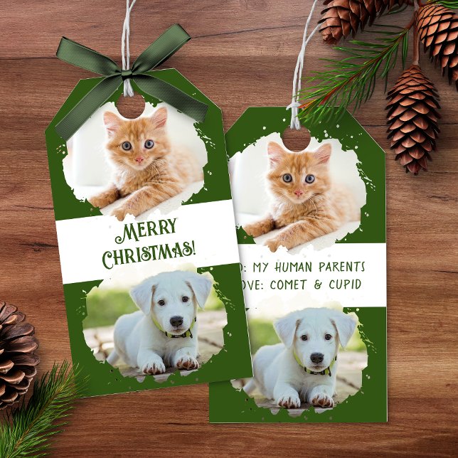 Haustiere lieben Personalisiert zwei Fotos Weihnac Geschenkanhänger (Pet Lovers Personalized Two Photos Green Christmas Gift Tags)