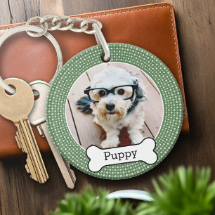 Haustierfoto mit Hundeknochen - grüne Tupfen Schlüsselanhänger