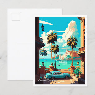Havana Cuba Art Vintage Travel Illustration Postkarte