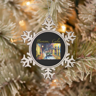 Havana Cuba - Habana Vieja Night Scene Schneeflocken Zinn-Ornament
