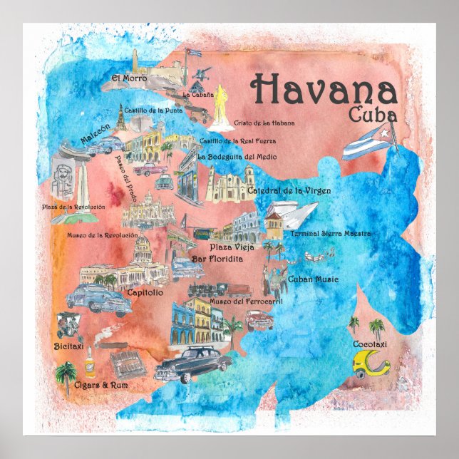 Havana Cuba Illustriert Travel Poster Map (Vorne)