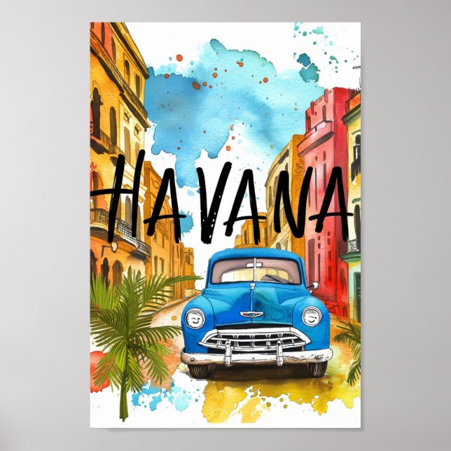 Havana Cuba Watercolor Painting Travel Poster (Vorne)