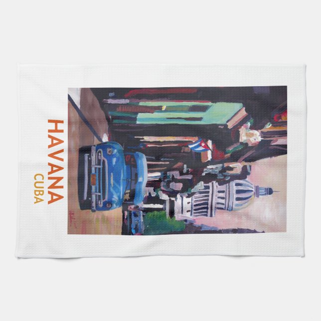 Havana in Kuba - EL Capitolo mit Oldtimer Geschirrtuch (Horizontal)